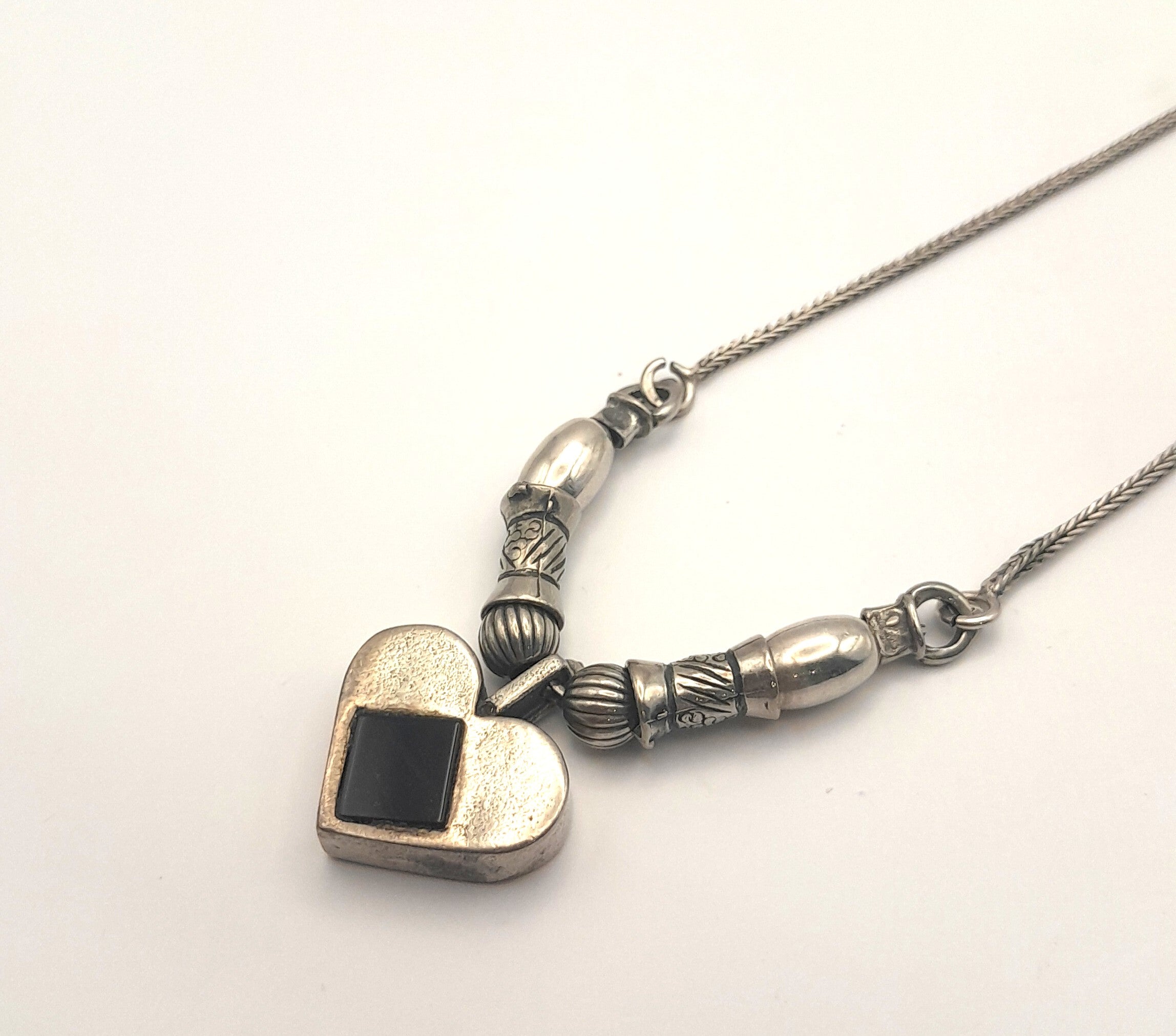 Vintage Silver Heart Necklace with Black Onyx Inlay