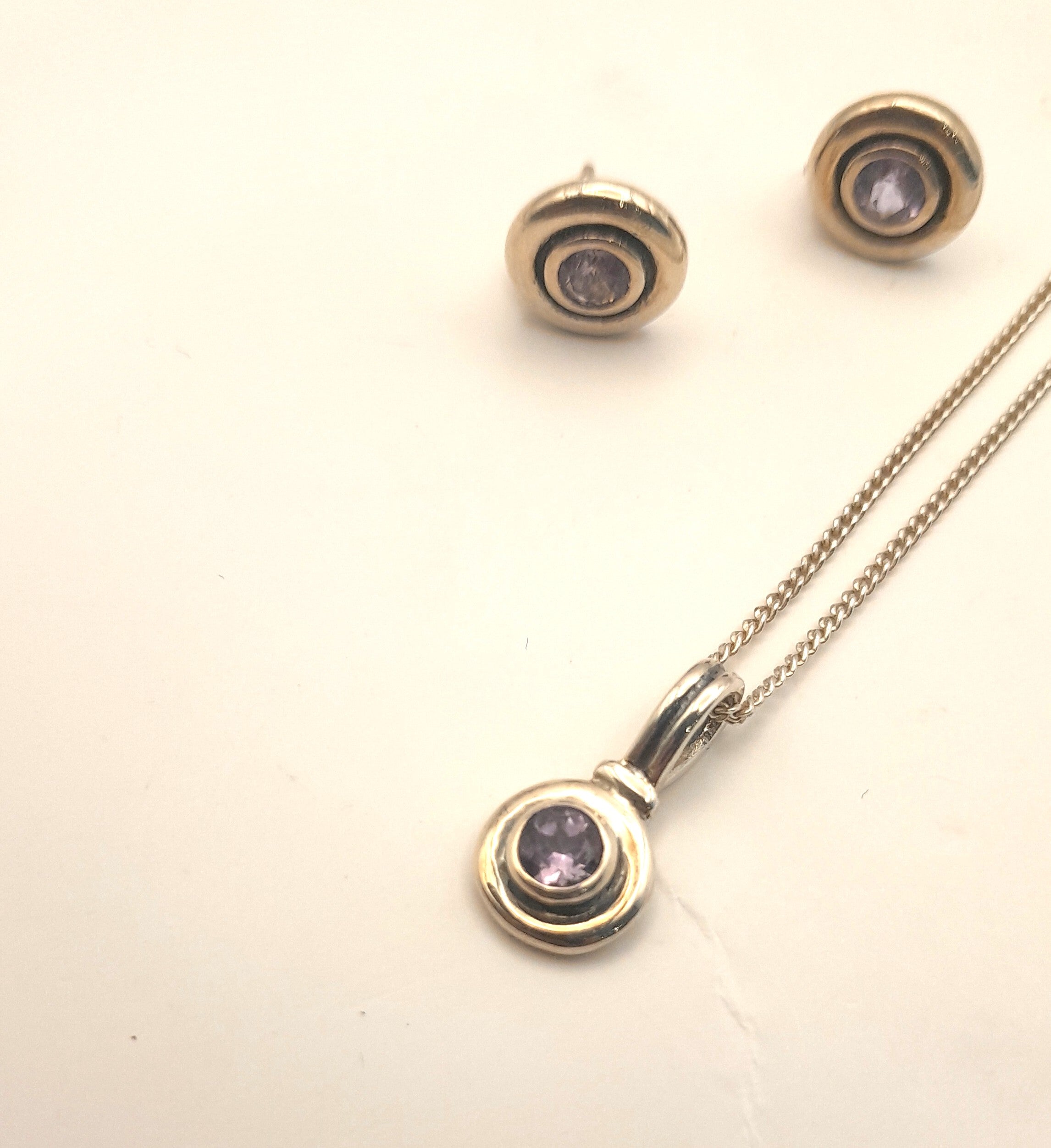 Sterling Silver & Amethyst Crystal Necklace + Stud Earrings Set