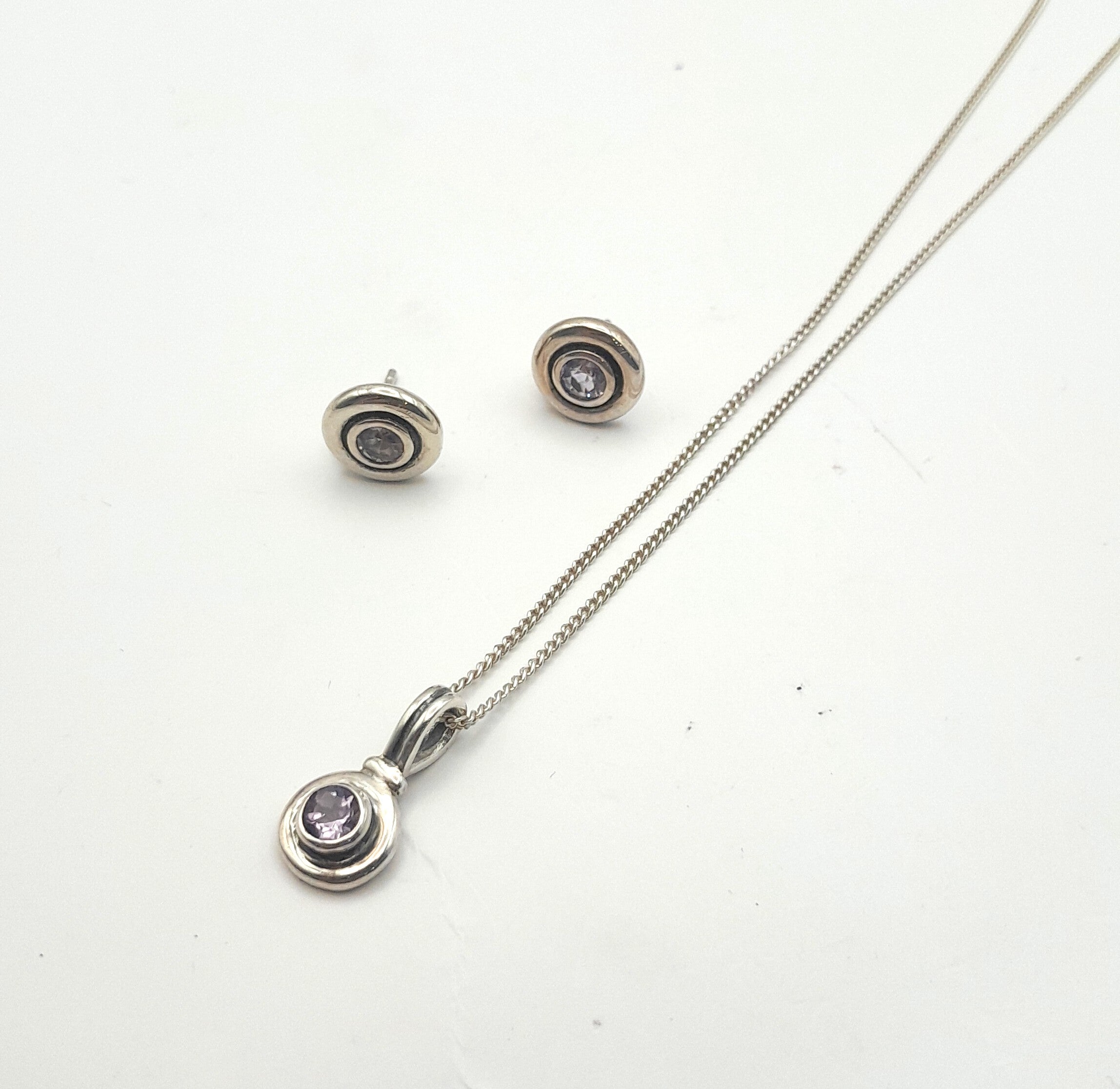 Sterling Silver & Amethyst Crystal Necklace + Stud Earrings Set