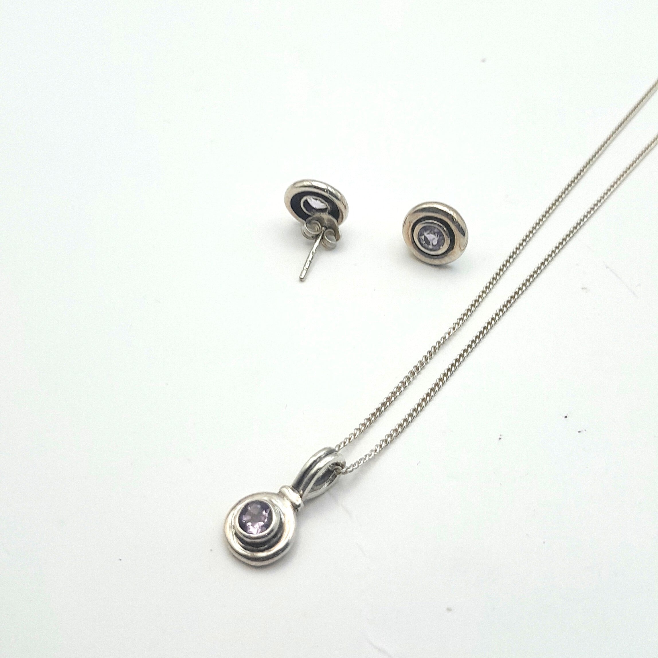 Sterling Silver & Amethyst Crystal Necklace + Stud Earrings Set