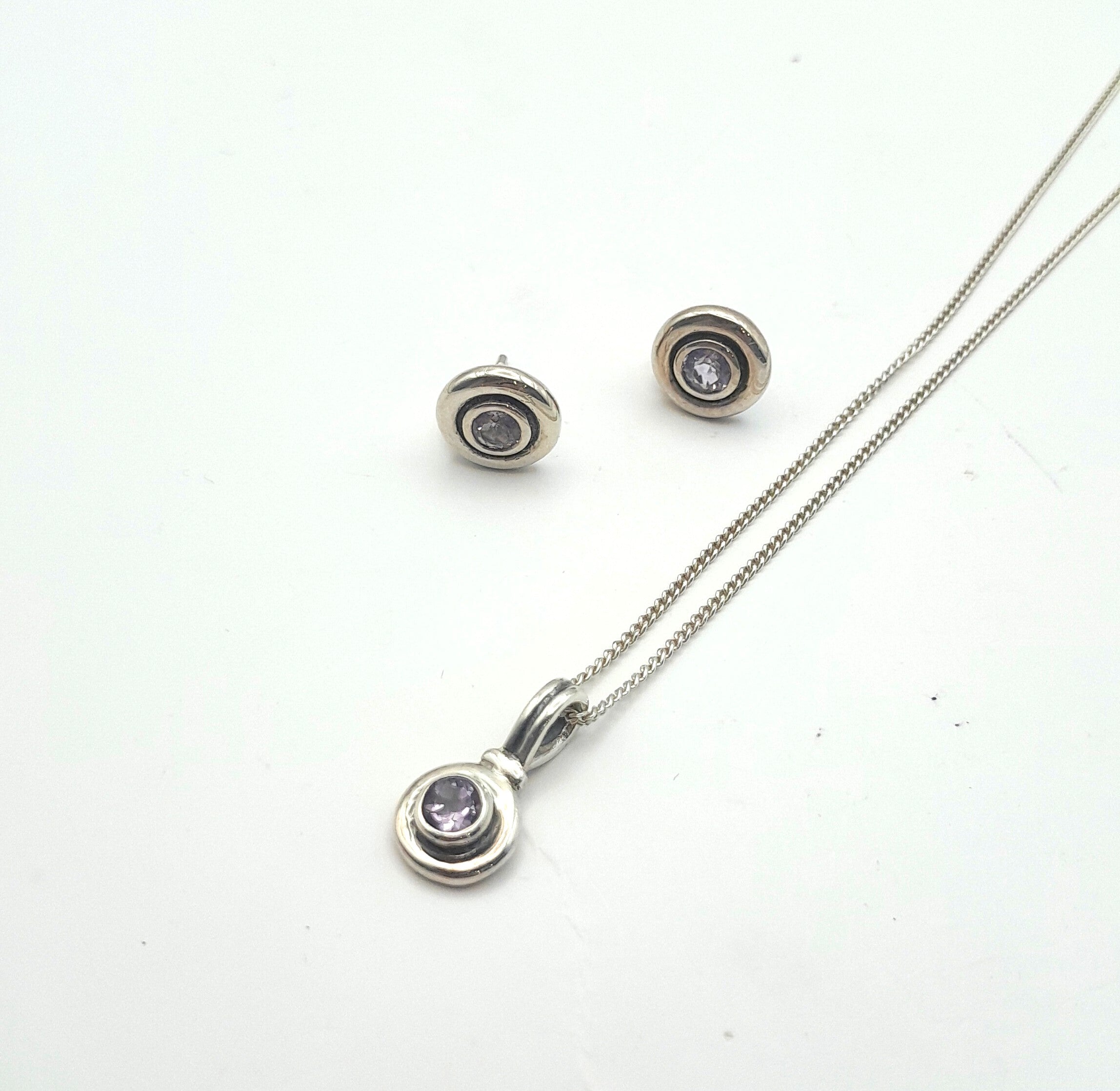 Sterling Silver & Amethyst Crystal Necklace + Stud Earrings Set