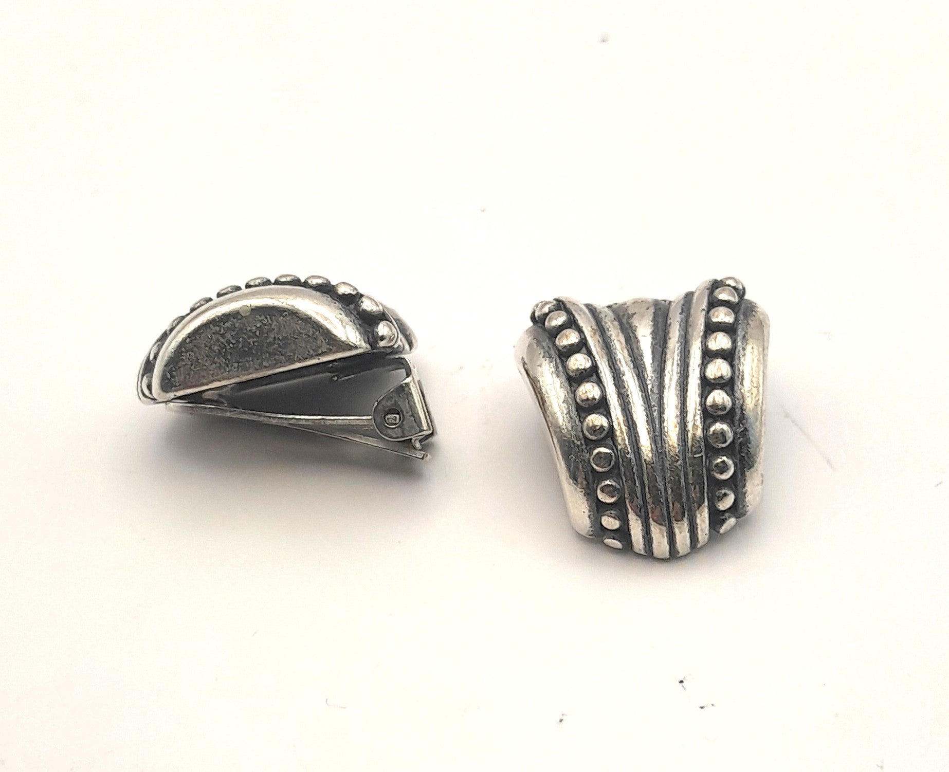 Vintage Sterling Silver Clip-On Earrings – Beaded & Ribbed