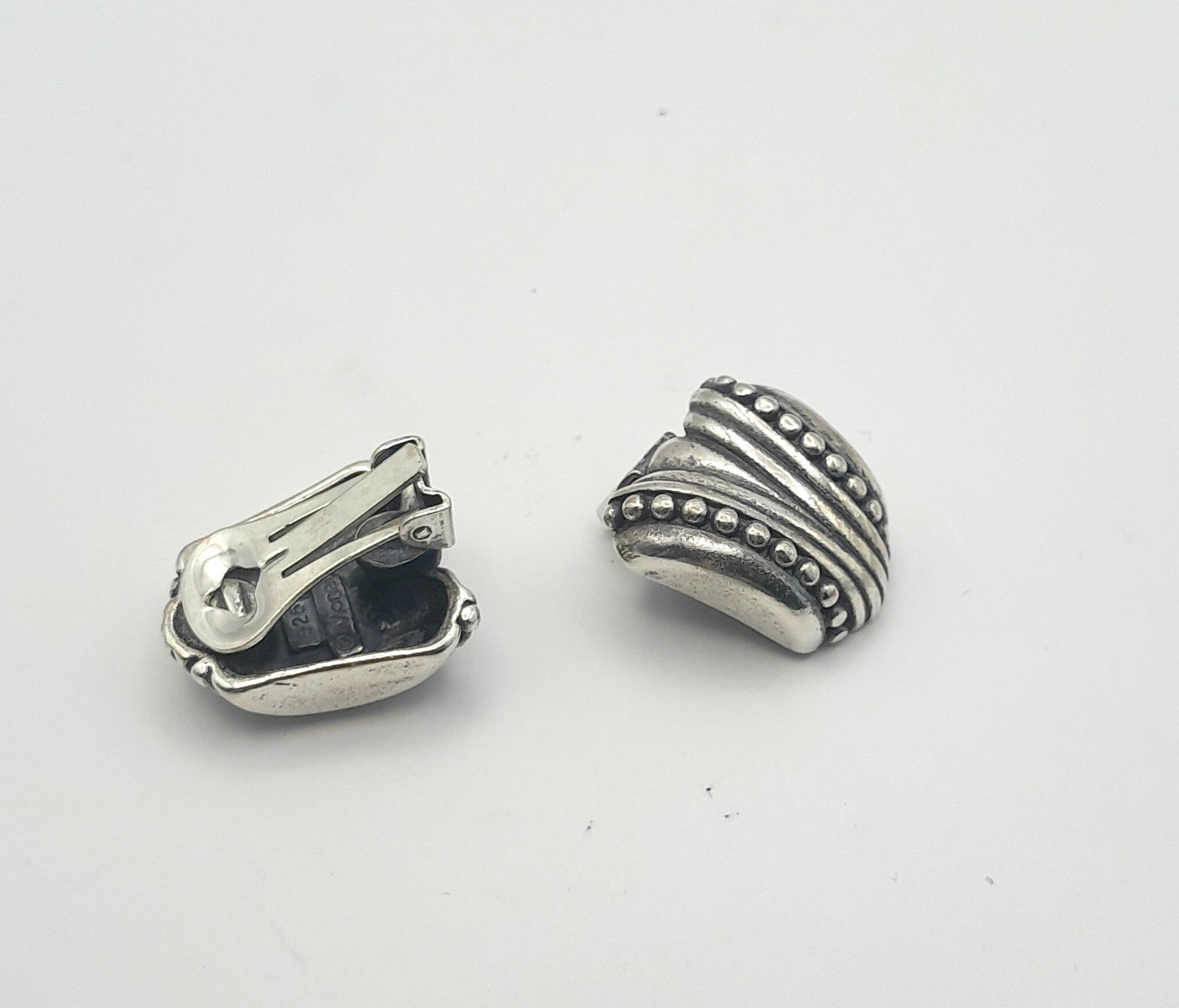 Vintage Sterling Silver Clip-On Earrings – Beaded & Ribbed