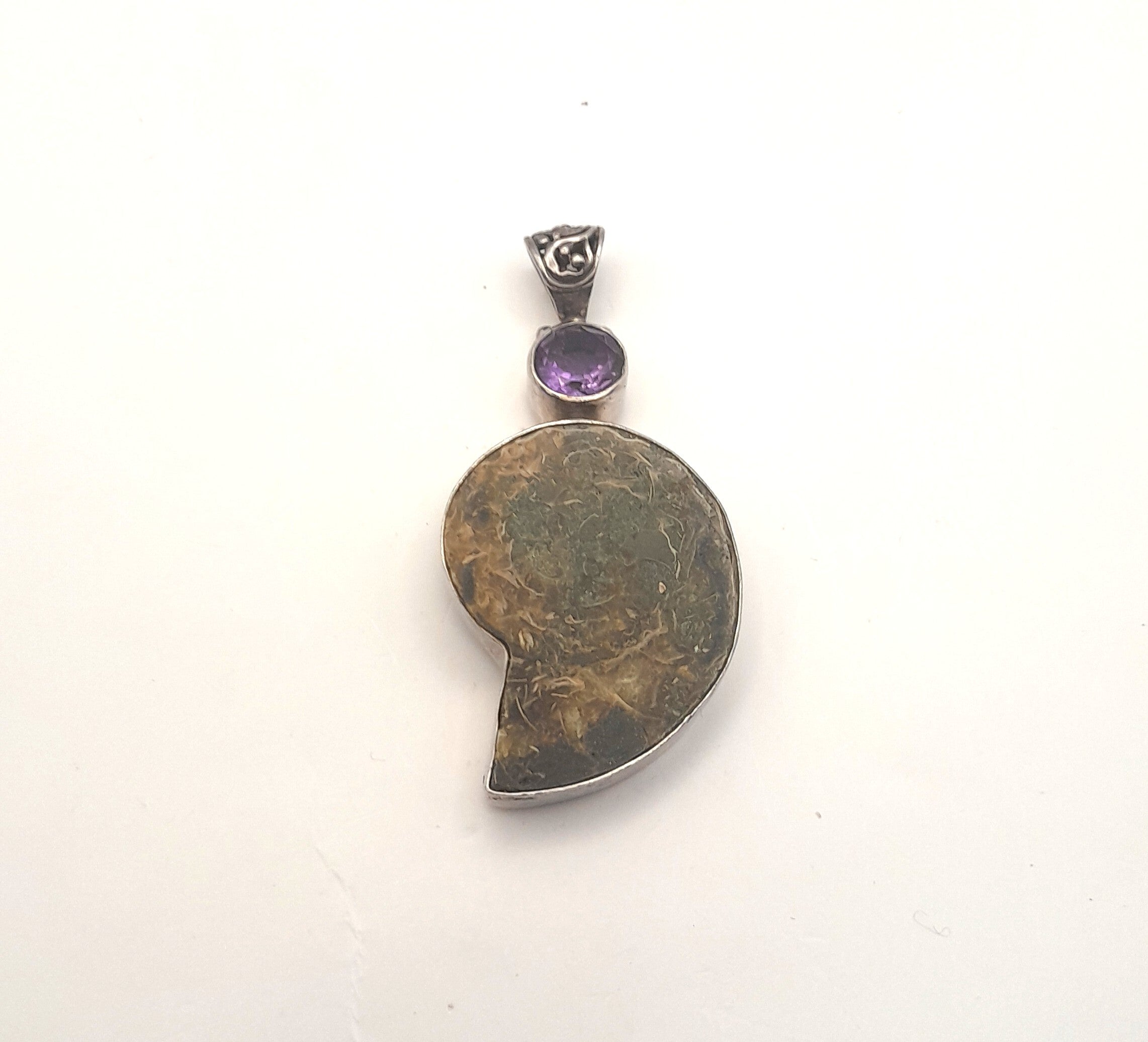 Sterling Silver Ammonite Fossil & Amethyst Pendant