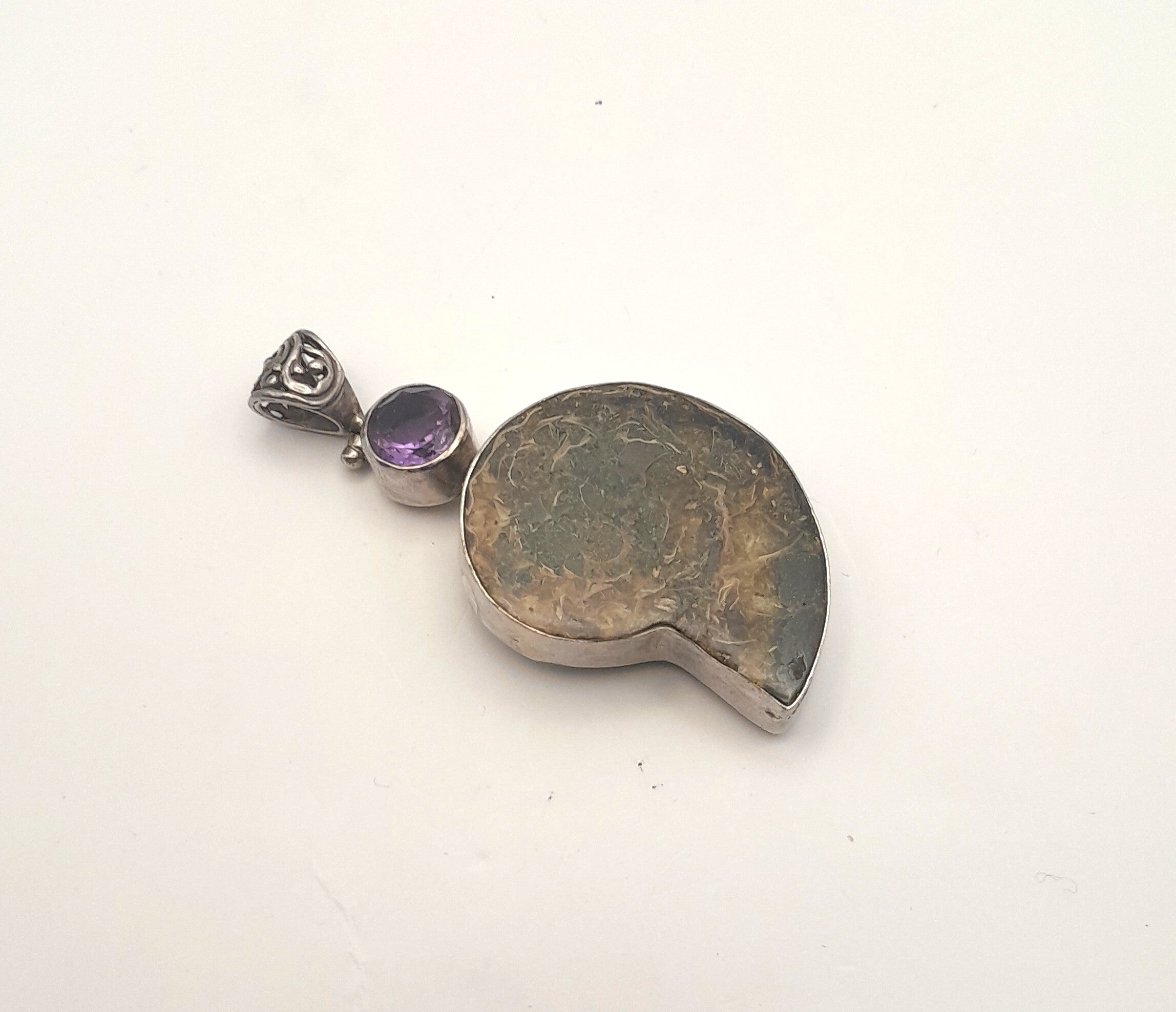Sterling Silver Ammonite Fossil & Amethyst Pendant