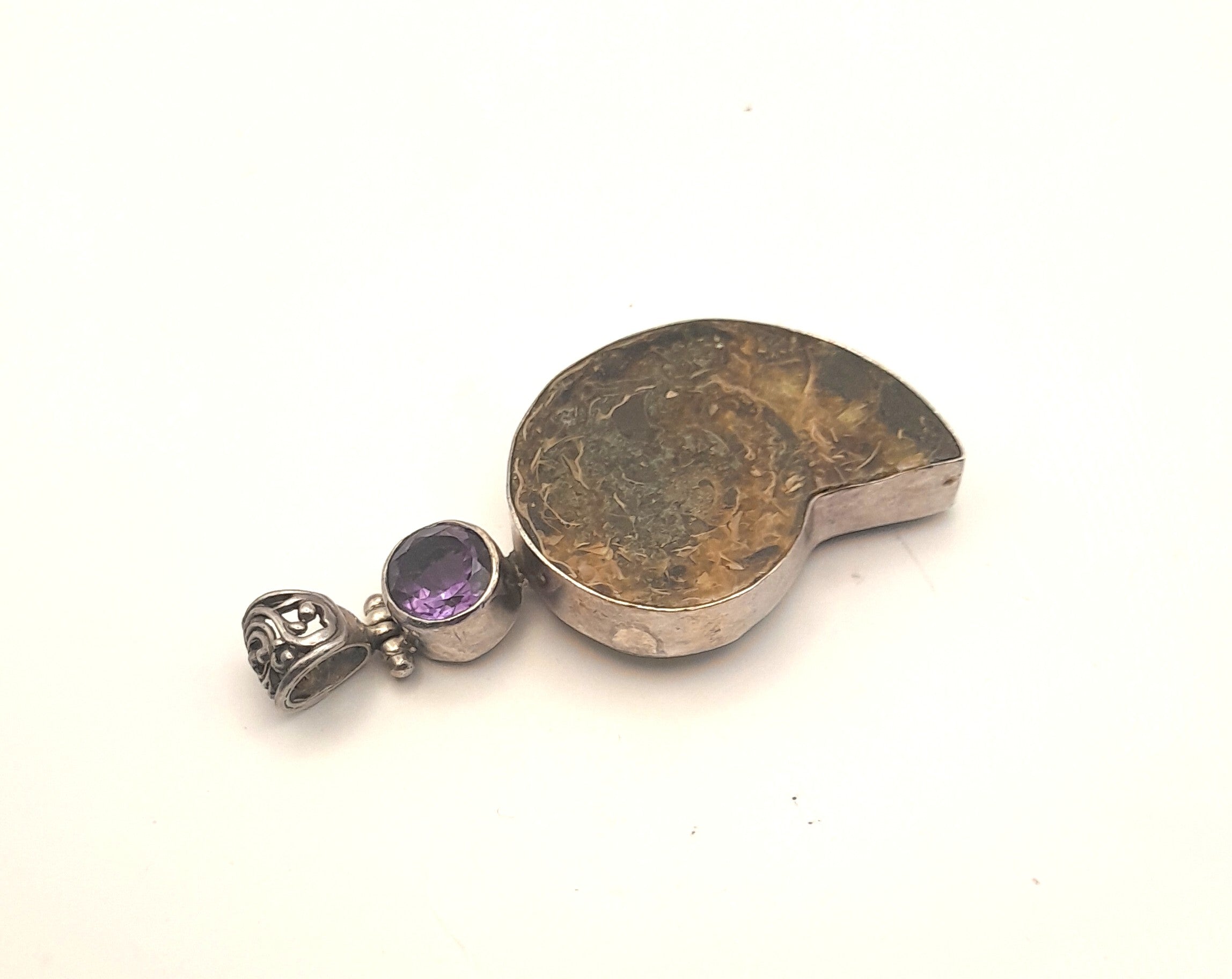 Sterling Silver Ammonite Fossil & Amethyst Pendant