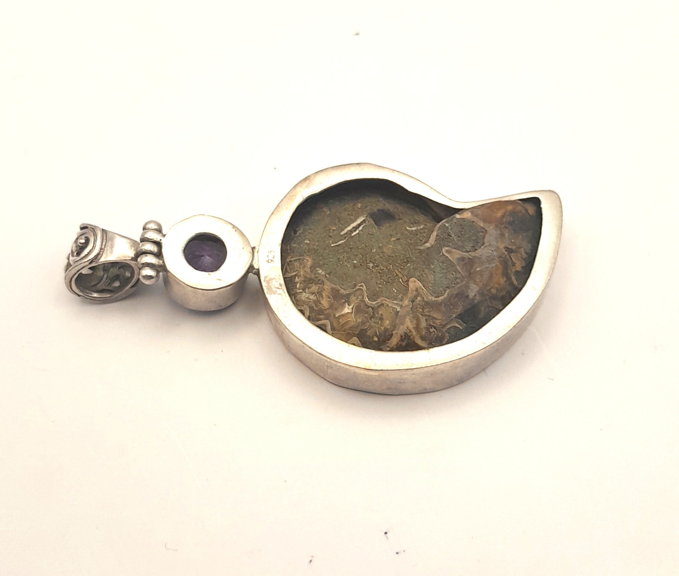 Sterling Silver Ammonite Fossil & Amethyst Pendant